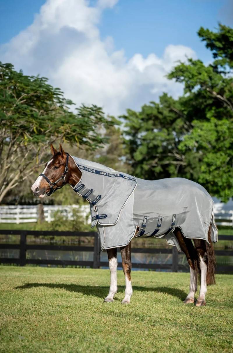 Horseware Fliegendecke Rambo Protector Fieldsafe Plus Silver/Navy, White & Beige/ 145 cm (6'6") von Horseware