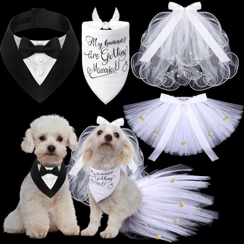 Hosuly Hochzeitskostüm für Hunde, inklusive Schleier mit Clip, Hundehalstuch, Hunderock und formeller Hunde-Hochzeits-Halstuch, mit Fliege, für Hochzeit, Party, Kleid, Braut, Bräutigam, von Hosuly