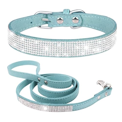 Bling Puppy Hundehalsband und Leine, Strass-Katzenhalsband, Leder, Glitzer, Diamant, Haustierhalsband, verstellbar, für Mädchen und Frauen, XXS, M, L (Größe XXS, Hellblau 1) von Hotlion