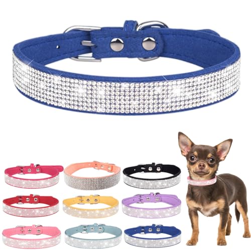 Bling Puppy Hundehalsband und Leine, Strass-Katzenhalsband, Leder, Glitzer, Diamant, Haustierhalsband, verstellbar, für Mädchen und Frauen, XXS, S, M, L (Größe M, Blau) von Hotlion