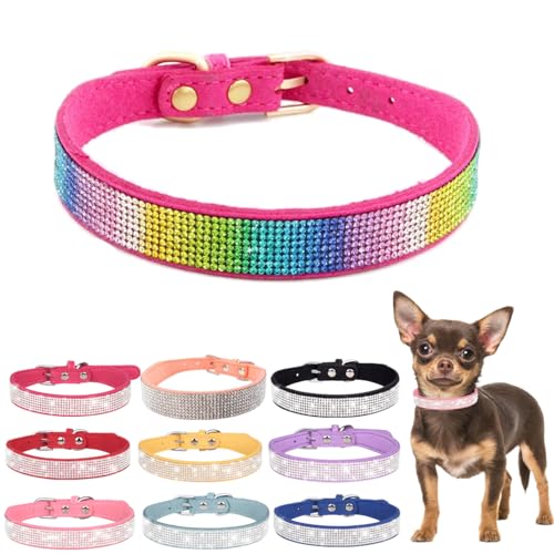 Bling Puppy Hundehalsband und Leine, Strass-Katzenhalsband, Leder, Glitzer, Diamant, Haustierhalsband, verstellbar, für Mädchen und Frauen, XXS, S, M, L (Größe S, bunte Rose) von Hotlion