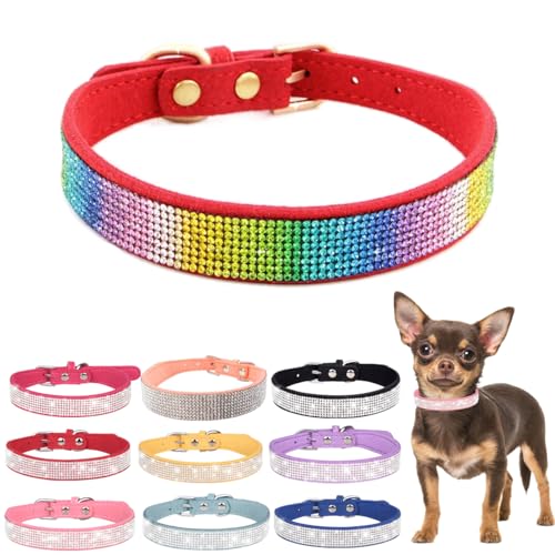 Bling Puppy Hundehalsband und Leine, Strass-Katzenhalsband, Leder, Glitzer, Diamant, Haustierhalsband, verstellbar, für Mädchen und Frauen, XXS, klein, mittel, große Hunde (Größe XXS, bunt rot) von Hotlion