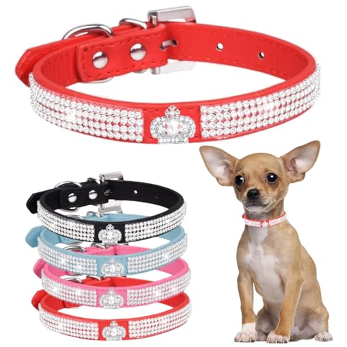 Diamant-Hundehalsband für kleine Hunde, ausgefallene Krone, glitzernd, mit Schmucksteinen, für Mädchen, Welpen, Katzen, Halsbänder für XXS, XS, kleine, mittelgroße und große Hunde (Rot, S) von Hotlion