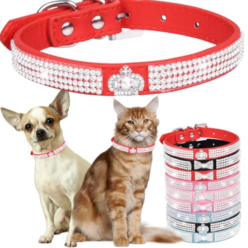 Diamant-Hundehalsband für kleine Hunde, ausgefallene Krone, glitzernde Kristalle, für Mädchen, Welpen, Katzen, Halsbänder für XXS, XS, kleine, mittelgroße und große Hunde (Rot, M) von Hotlion