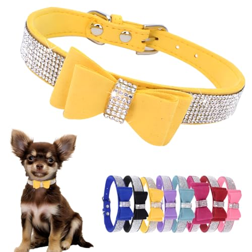 Hotlion Hundehalsband mit Fliege, Strass, niedlich, funkelnd, Kristall, Diamanten, Welpen, Kätzchen, Haustier, Katze, Halsband für kleine Hunde, Jungen, Mädchen, Gelb, XS von Hotlion