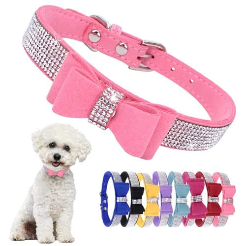 Hotlion Hundehalsband mit Fliege, Strass, niedlich, funkelnd, Kristall, Diamanten, Welpen, Kätzchen, Haustier, Katze, Halsband für kleine Hunde, Jungen, Mädchen, Rosa, Größe XXS von Hotlion