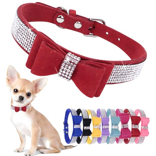 Hotlion Hundehalsband mit Fliege, Strass, niedlich, funkelnd, Kristall, Diamanten, Welpen, Kätzchen, Haustier, Katze, Halsband für kleine Hunde, Jungen, Mädchen, Rot, Größe XS von Hotlion