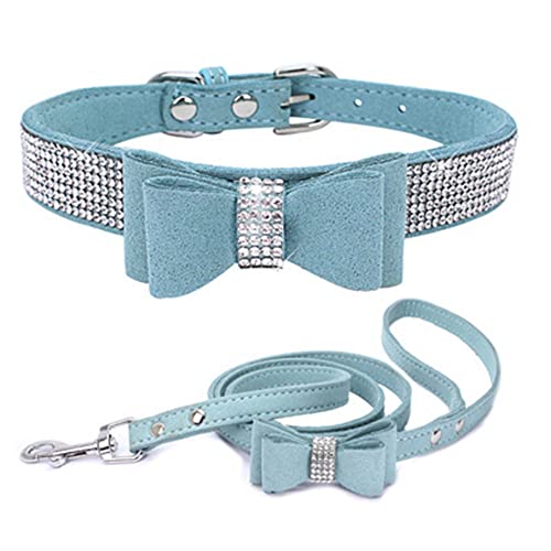 Hotlion Hundehalsband mit Strasssteinen, mit Fliege, Leder, niedlich, weich, schillernd, funkelnd, Kristallsteinen, verstellbar, für kleine Rassen, Welpen, Katzen, Haustiere, Kätzchen, Blau, XXL von Hotlion