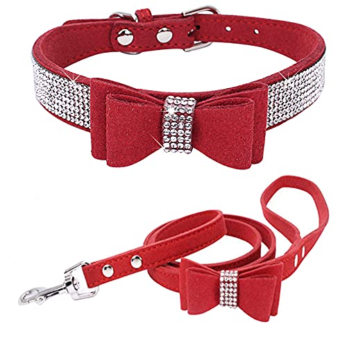 Hundehalsband mit Strasssteinen, mit Fliege, Leder, niedlich, weich, schillernd, funkelnd, Kristallsteinen, verstellbar, für kleine Rassen, Welpen, Katzen, Haustiere, Kätzchen, Rot, XXL von Hotlion