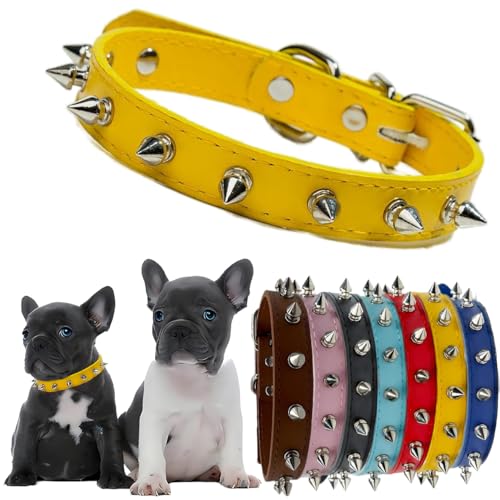 Hundehalsbänder mit Spitzen, Leder-Halsriemen für Welpen, niedlich, Punk, Nieten, langlebig, mit verstellbarer Schnalle für kleine, mittelgroße und große Hunde, Gelb, S von Hotlion