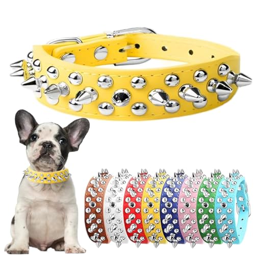 Hundehalsband, Nieten, Leder, Nieten, Welpenhalsband, Spike, verstellbar, für kleine, mittelgroße und große Hunde, Gelb, XL Hundehalsband, Nieten, Leder, Nieten, Welpenhalsband, Spike, verstellbar, für kleine, mittelgroße und große Hunde, Gelb, XL von Hotlion