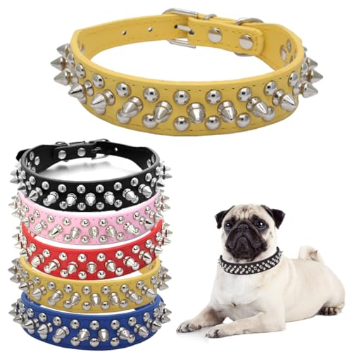 Hundehalsband, Nieten, Leder, Nieten, Welpenhalsband, Spike, verstellbar, für kleine, mittelgroße und große Hunde, Gelb, XL von Hotlion
