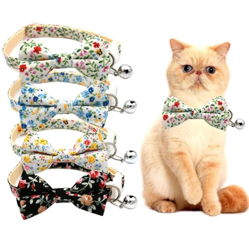 Hundehalsband mit Fliege und Glöckchen, niedliches Blumenmuster, Katzenhalsband mit Fliege, für Welpen, Kätzchen, Mädchen, Jungen, verstellbar, für XXS, XS, XS, kleine Rassen, Rot von Hotlion