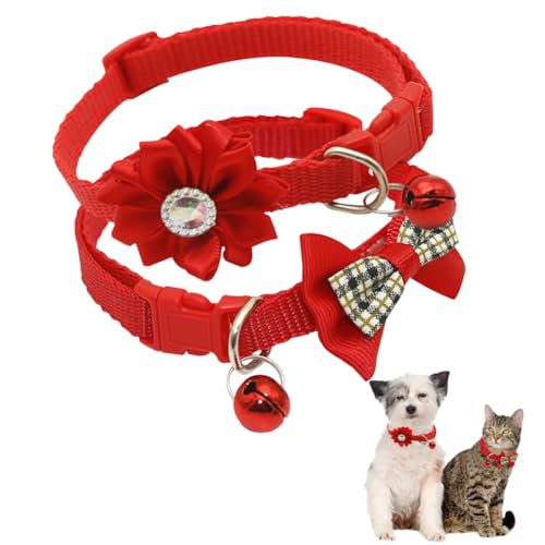 Hundehalsband mit Glöckchen für kleine Hunde, 2er-Pack, Welpenhalsband mit Schleife für Mädchen, Blumenmuster, Kätzchen, Katzenhalsbänder für kleine XXS, XS, extra kleine Rassen, Haustiere, weiblich von Hotlion