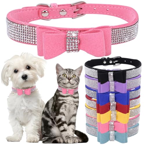 Hundehalsband mit Schleife, mit Strasssteinen, verstellbar, für Mädchen, niedlich, funkelnd, Kristall, Diamanten, Welpenhalsband für kleine, mittelgroße und große Hunde, Rosa, Größe L von Hotlion