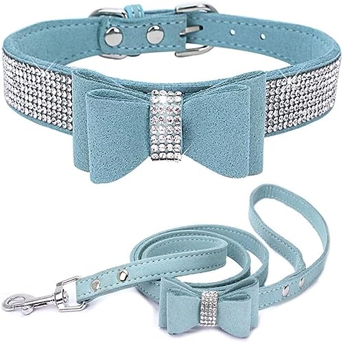 Hundehalsband und Leine, Set mit Fliege, Strasssteine, verstellbar, niedlich, funkelnd, Kristalldiamant, Katzenhalsbänder für kleine mittelgroße Hunde, Jungen, Mädchen, Hellblau, XXL von Hotlion