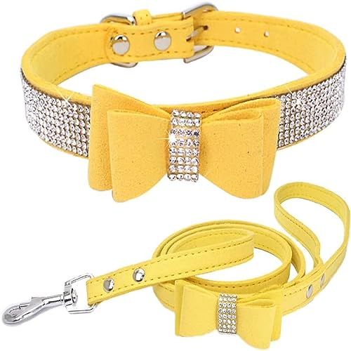 Hundehalsband und Leine, Set mit Fliege, Strasssteine, verstellbar, niedlich, funkelnde Kristalldiamant-Katzenhalsbänder für kleine mittelgroße Hunde, Jungen und Mädchen, Hellgelb, Größe XXL von Hotlion