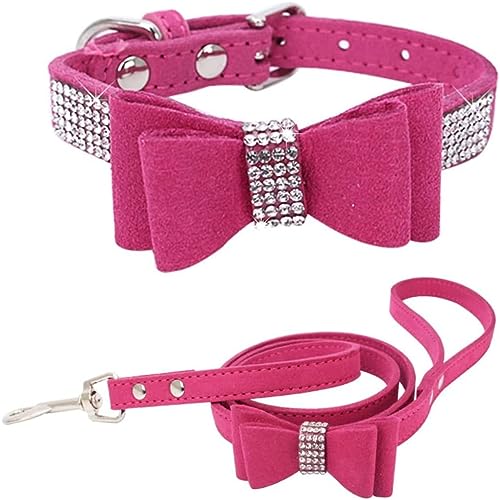 Hundehalsband und Leine, Set mit Fliege, Strasssteine, verstellbar, niedlich, funkelnde Kristalldiamant-Katzenhalsbänder für kleine mittelgroße Hunde, Jungen und Mädchen, Hellrosarot, Größe XXL von Hotlion