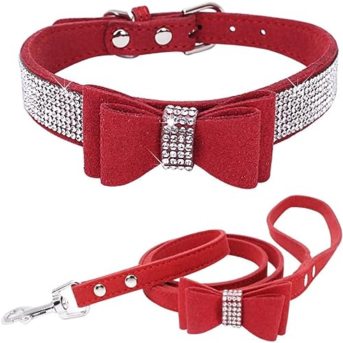 Hundehalsband und Leine, Set mit Fliege, Strasssteine, verstellbar, niedlich, funkelnde Kristalldiamant-Katzenhalsbänder für kleine mittelgroße Hunde, Jungen und Mädchen, Hellrot, Größe XS von Hotlion