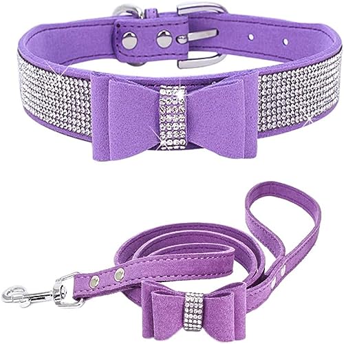 Hundehalsband und Leine, Set mit Fliege, glitzernd, rosa, verstellbar, für Mädchen, Damen, niedlich, funkelnde Kristalle, Diamanten, Welpenhalsbänder für kleine, mittelgroße und große Hunde, von Hotlion