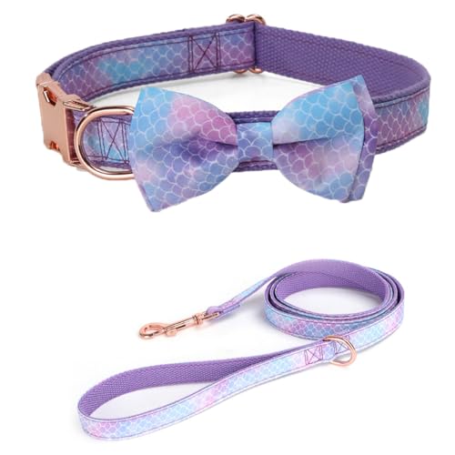 Hundehalsband und Leine, Set mit Fliege und Leine, niedliches Blumenmuster, weich, langlebig, Fliege, verstellbar, für kleine, mittelgroße und große Hunde (violettes Set, L) von Hotlion
