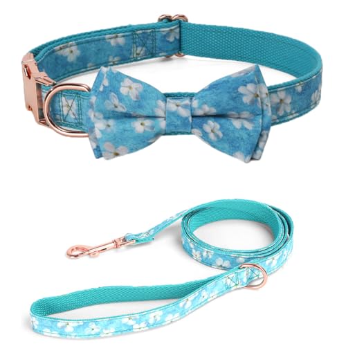 Hundehalsband und Leine, Set mit Fliege und Leine, niedliches Blumenmuster, weich, langlebig, Fliege, verstellbar, für kleine, mittelgroße und große Hunde (blaues Set, S) von Hotlion