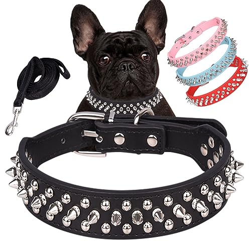 Hundehalsband und Leine, mit Nieten, Halsband, Leder, Punk-Nieten, Welpenhalsband, Nieten, langlebig, verstellbar, für kleine, mittelgroße und große Hunde, Rot, Größe XS von Hotlion