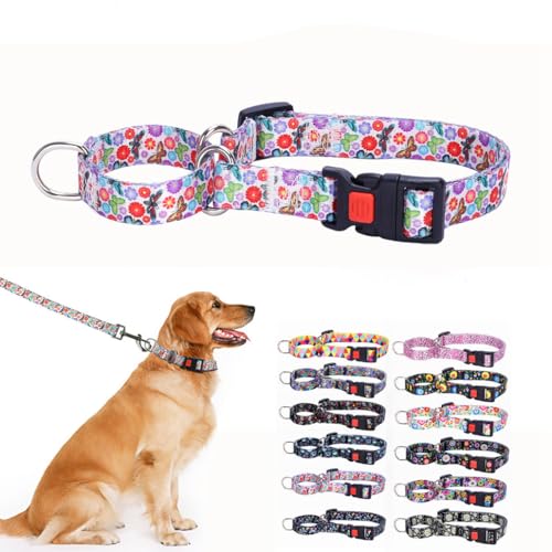 Martingale-Halsband für Hunde, groß, mittel, kleine Rassen, rutschfest, kein Entkommen, begrenztes Würgen, Quetsch-Halsband für große Welpen, Schnellverschluss-Schnalle mit Schloss (Blume, M) von Hotlion