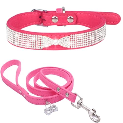 Set aus Hundehalsband und Leine mit Strasssteinen, glitzernde Diamant-Fliege und Krone, Katzenhalsbänder, verstellbar, für XXS, M, L, Haustiere, Kätzchen und Welpen, Hot Pink, Größe S Set aus Hundehalsband und Leine mit Strasssteinen, glitzernde Diamant-Fliege und Krone, Katzenhalsbänder, verstellbar, für XXS, M, L, Haustiere, Kätzchen und Welpen, Hot Pink, Größe S von Hotlion