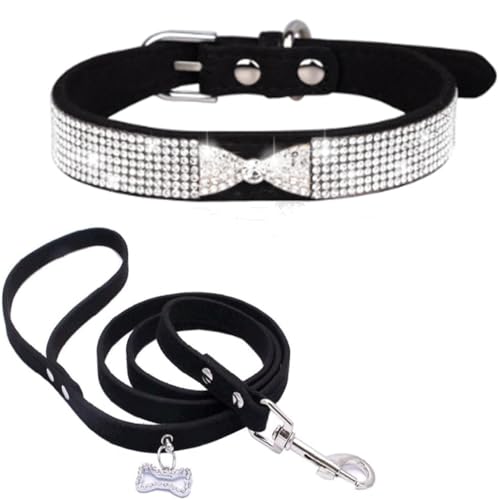 Set aus Hundehalsband und Leine mit Strasssteinen, glitzernde Diamant-Fliege und Krone, Katzenhalsbänder, verstellbar, für XXS, M, L, Haustiere, Kätzchen und Welpen, Schwarz, Größe XS Set aus Hundehalsband und Leine mit Strasssteinen, glitzernde Diamant-Fliege und Krone, Katzenhalsbänder, verstellbar, für XXS, M, L, Haustiere, Kätzchen und Welpen, Schwarz, Größe XS von Hotlion