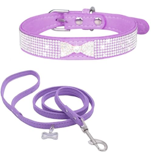 Hotlion Set aus Hundehalsband und Leine mit Strasssteinen, glitzernde Diamant-Fliege und Krone, Katzenhalsbänder, verstellbar, für XXS, M, L, Haustiere, Kätzchen und Welpen (Lila, Größe XS) von Hotlion
