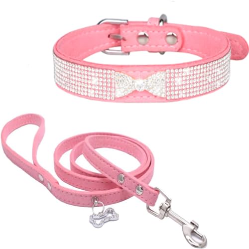 Set aus Hundehalsband und Leine mit Strasssteinen, glitzernde Diamant-Fliege und Krone, Katzenhalsbänder, verstellbar, für XXS, M, L Haustiere, Kätzchen und Welpen, Rosa, Größe M von Hotlion