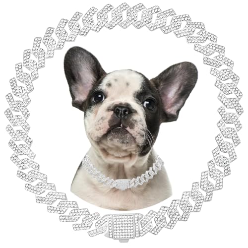 Silberfarbene Hundekette, Diamant-Halskette, Metall, kubanische Glieder-Welpenhalsband mit sicherer Schnalle, Kristallschmuck, Kätzchen, Katzenkette, Halskette für kleine, mittelgroße und große von Hotlion