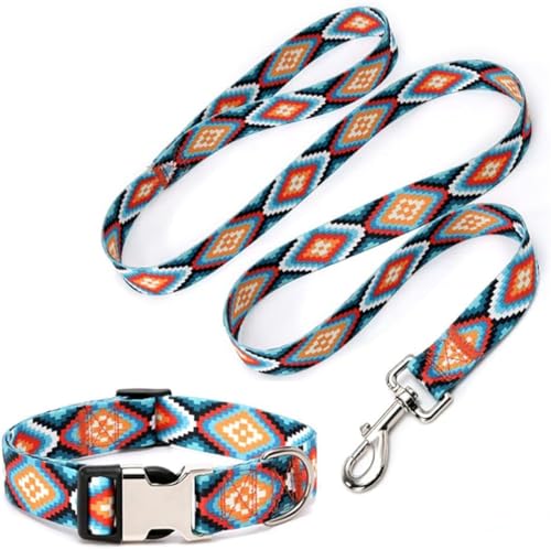 Strapazierfähiges Hundehalsband und Leine, Set mit Metallschnalle, geometrische Muster im Bohemian-Stil, weich, ethnischer Stil, Trainingshalsband, verstellbar für kleine, mittelgroße und große Hunde von Hotlion