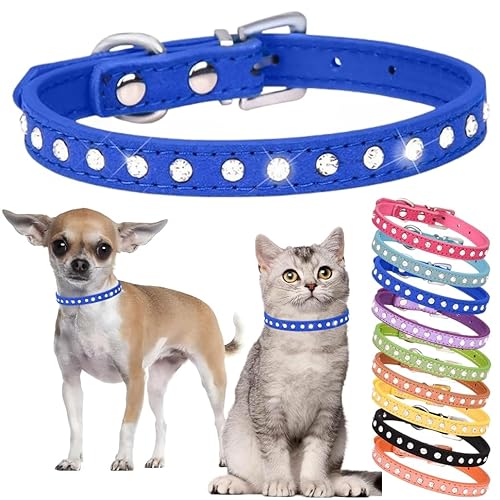 Hundehalsband mit Strasssteinen, niedliches Kristall-Diamant-Katzenhalsband, weiches Leder, Kätzchen-Welpenhalsband, verstellbar, für kleine, mittelgroße Hunde, Dunkelblau, XXS von Hotlion