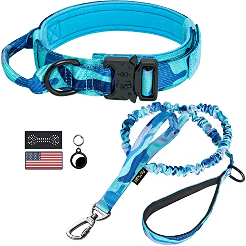 Hotsky Taktisches Hundehalsband und Leine, strapazierfähig, militärisches Airtag-Hundehalsband mit Griff und Metallschnalle für Training und Spazierengehen, mit Airtag-Halterung und zwei Flicken (Blau Hotsky Taktisches Hundehalsband und Leine, strapazierfähig, militärisches Airtag-Hundehalsband mit Griff und Metallschnalle für Training und Spazierengehen, mit Airtag-Halterung und zwei Flicken (Blau von Hotsky