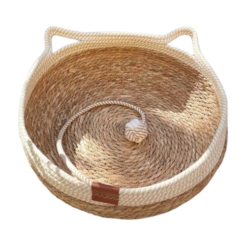 HouseVibe Handgewebter Katzenbettkorb, kratzfest, Haustier-Hängematte mit neckendem Ball, tragbares Schlafbett für Innen, Katzen, Hunde, Kätzchen, Kaninchen, natürliches Rohrkolbenmaterial, Größe S HouseVibe Handgewebter Katzenbettkorb, kratzfest, Haustier-Hängematte mit neckendem Ball, tragbares Schlafbett für Innen, Katzen, Hunde, Kätzchen, Kaninchen, natürliches Rohrkolbenmaterial, Größe S von HouseVibe