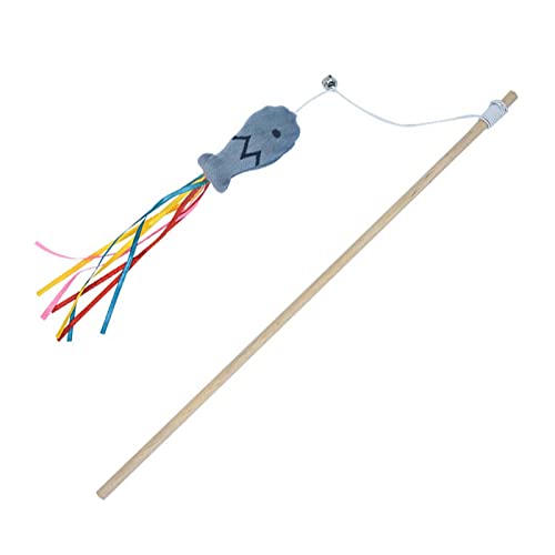 HouseVibe Interaktives Katzenspielzeug mit Band-Teaser und Glocke, 39 cm, Holzstab-Spielzeug für Katzen und Kätzchen, mit Katzenminze infundiertes Spielzeug, Grau von HouseVibe