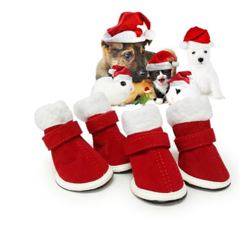 Housoutil 4 Stück Weihnachtsstiefel Für Hunde Hundeweihnachtsschuhe Stiefel Für Haustierhunde Winterschuhe Stiefeletten wasserdichte Hundestiefel Haustier Hund Welpenschuhe Rot Winddicht von Housoutil