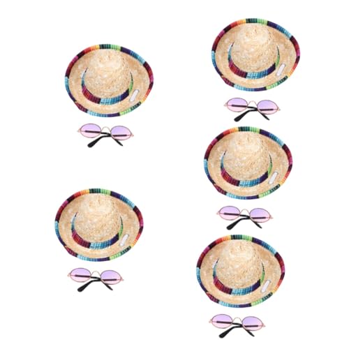 5 Sätze Strohhut Für Haustiere Cosplay-Outfits Mini Chihuahua-Kleidung Golddekor Hawaiianisches Dekor Goldene Kopfbedeckung Hundekostüme Für Kleine Hunde Hüte Requisiten Gläser von Housoutil