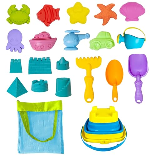 1 Set Sandspielzeug, Strandspielzeug aus Kunststoff, faltbarer Sandeimer mit Sommer-Netztasche, Schaufel, Rechen, Gießkanne und mehr, Sandkasten-Werkzeuge für den Außenbereich für Kleinkinder im von HoveeLuty