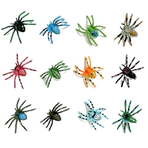 12 Tierfiguren, 3, 6 x 4, 6 cm, realistische, umweltfreundliche Kunststoffspinnen, kleines Spinnen-Actionmodell, Tierspielzeug für die frühe Bildung von Kindern, Geburtstags-Cupcake-Topper, Tierfig von HoveeLuty