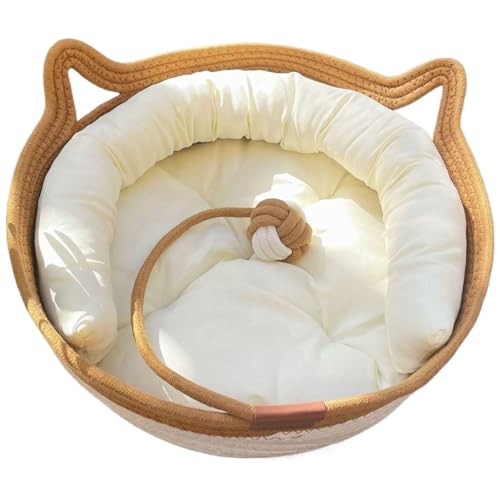 Katzenbetten für Hauskatzen, 2-in-1-Katzenkörbe aus gewebtem Baumwollseil, Bett mit Spielzeugschwanz, kratzfestes Kätzchenbett mit weichem Kissen, geflochtener Katzenkorb mit Auto-Ohrengriff für Katzenbetten für Hauskatzen, 2-in-1-Katzenkörbe aus gewebtem Baumwollseil, Bett mit Spielzeugschwanz, kratzfestes Kätzchenbett mit weichem Kissen, geflochtener Katzenkorb mit Auto-Ohrengriff für von HoveeLuty