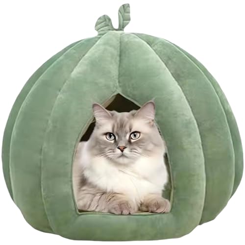 Katzenhöhlenbett, 14 x 14 x 12 Zoll, weiches, süßes, warmes Kürbis-Katzenbett mit abnehmbarem Kissen, leicht zu reinigen, großes überdachtes Hausversteck für drinnen, überdachtes Katzenbett, Katzenhö von HoveeLuty