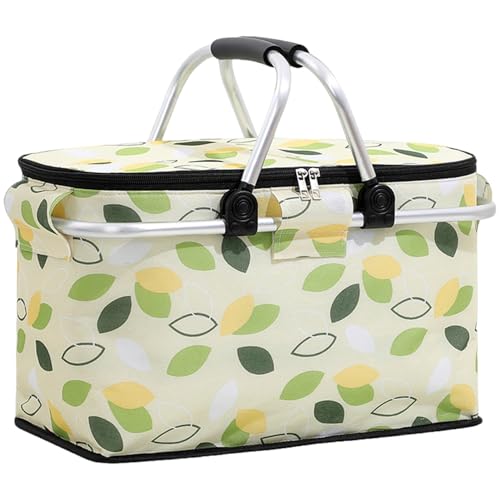 Picknicktasche, 36 l isolierter Einkaufsträger, faltbare, auslaufsichere Kühltasche mit stabilem Aluminiumrahmen, Einkaufskorb Kühltasche Picknickkorb für Strandpicknick Camping Grillen, Grün von HoveeLuty