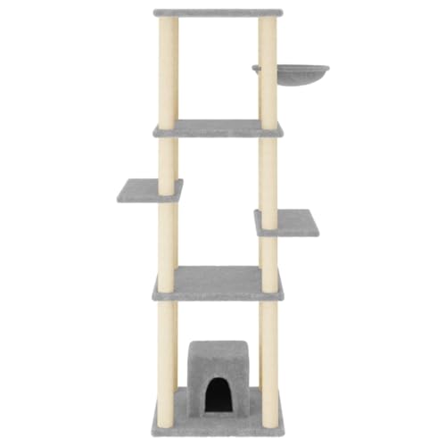 Hovothy Kratzbaum Katzenkratzbaum Säulen mit Natürlichem Sisal Umwickelt Katzenmöbel Mehrstufige Katzenturm für Katzen zum Kratzen Klettern Sitzen Verstecken und Ausruhen Hellgrau 84x66x154 cm von Hovothy