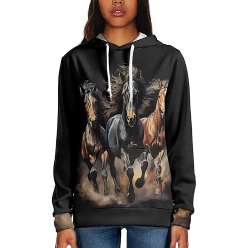 Howilath Damen Plus Size Hoodies Tops, Colorful Splash Galaxy Hoody Tie-Dye Puppy Dogs Langarm Shirts Herbst Tunika Tops, Aquarell Pferde Design, 50 von Howilath