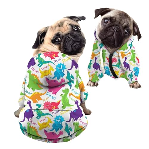 Howilath Hunde-Kapuzen-Sweatshirt, buntes Dinosaurier-Motiv, niedlicher Cartoon-T-Rex, Stegosaurus, Triceratops, Sweatshirt mit Mütze für kleine, mittelgroße und große Hunde und Katzen – S von Howilath