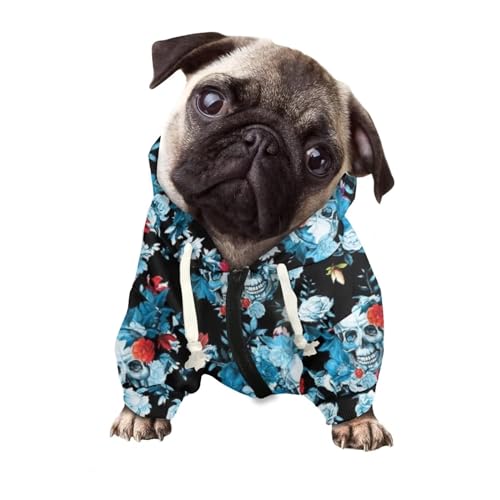Howilath Hunde-Kapuzenpullover mit Reißverschluss, blauer Totenkopf-Blumen, Streetwear, Kapuzenbekleidung, Kostüm, Sweatshirt, Trainingsanzüge, Haustierkleidung, Größe M von Howilath