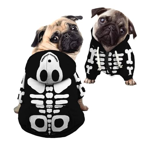 Howilath Hundeknochen Halloween Kostüm, Hund Skelett Hoodie Haustier Kleidung, Schädel Reißverschluss Kleidung für Hunde, Sweatshirt mit Hut, Hund Katze Kapuzenshirts Sweatshirts - S von Howilath
